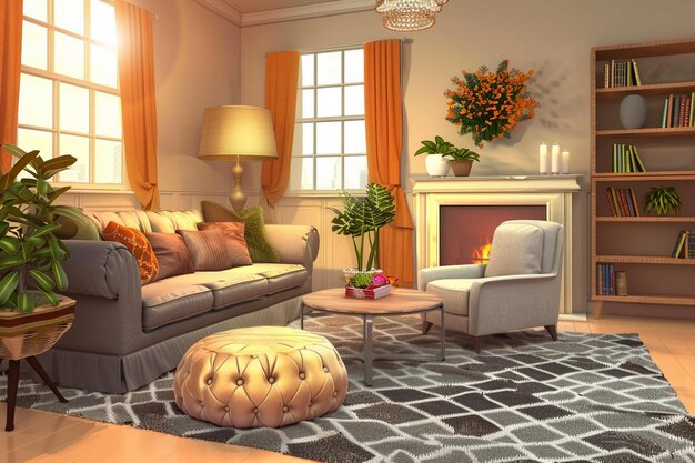 ein Wohnzimmer mit Kamin und einer Couch mit einer Pflanze auf dem Tisch