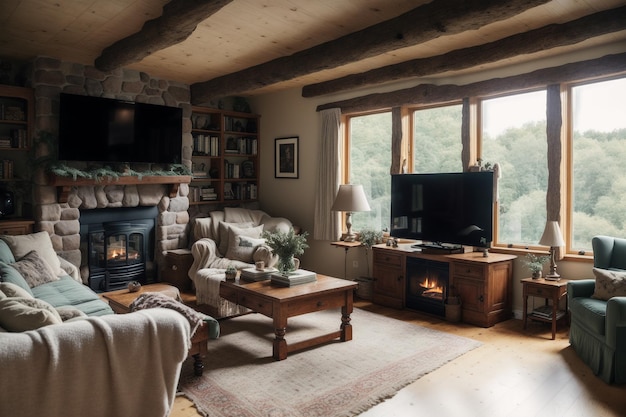 Ein Wohnzimmer mit Kamin und Fernseher an der Wand