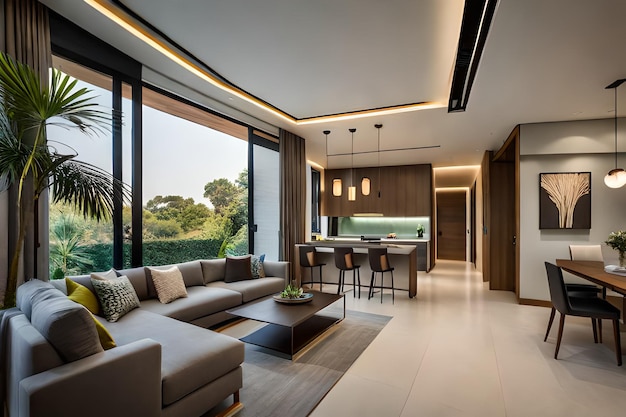 Ein Wohnzimmer mit luxuriösen Möbeln und Blick auf den Garten