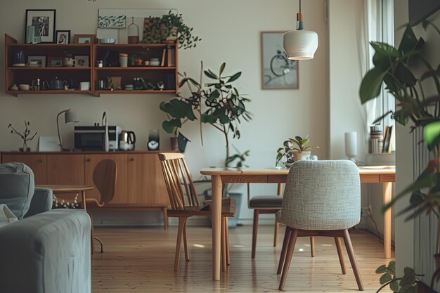 Ein Wohnzimmer mit Möbeln und einem Holztisch