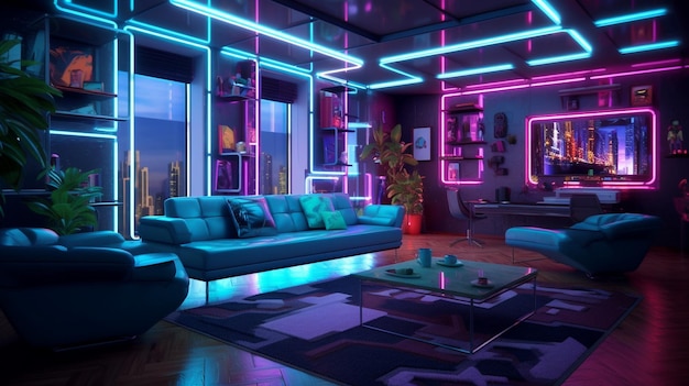 Ein Wohnzimmer mit Neonlicht und einer Couch.