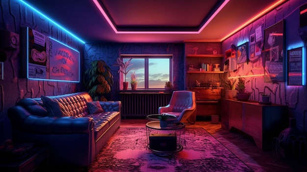 Ein Wohnzimmer mit Neonlichtern an den Wänden und einer Couch mit einem Tisch und einer Lampe darauf.