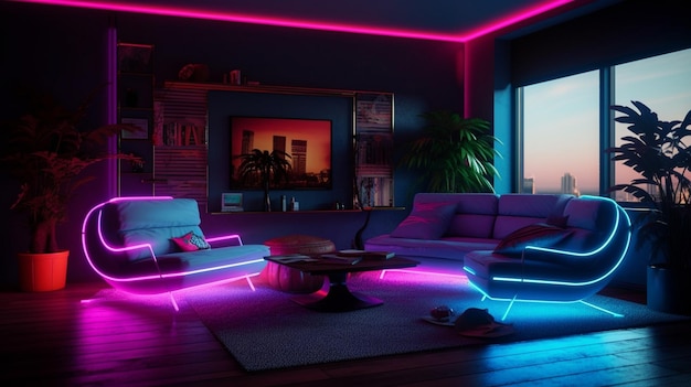 Ein Wohnzimmer mit Neonlichtern, auf denen „Neon“ steht