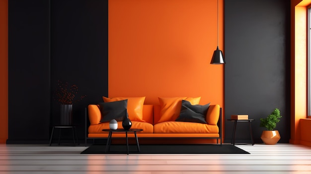 Ein Wohnzimmer mit orange-schwarzen Wänden und einer schwarz-orangefarbenen Couch.