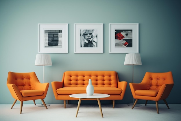 Ein Wohnzimmer mit orangefarbenen Sofas und einem Couchtisch mit Bildern an der Wand.