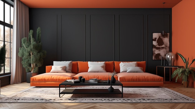 Ein Wohnzimmer mit orangefarbenen Wänden und einer schwarzen Couch