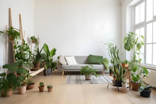 Ein Wohnzimmer mit Pflanzen auf dem Boden und einer Couch mit weißem Kissen.