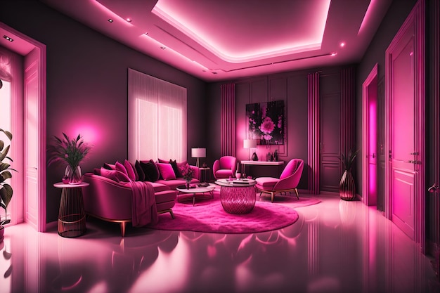 Ein Wohnzimmer mit rosa Lichtern und einem Sofa.