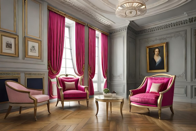 Ein Wohnzimmer mit rosa Stühlen und einem Porträt an der Wand