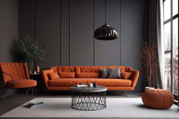 Ein Wohnzimmer mit schwarzer Wand und orangefarbenen Sofas.