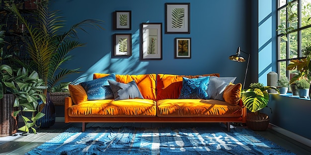 ein Wohnzimmer mit Sofa und orangefarbenen Kissen