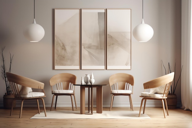 Ein Wohnzimmer mit Stühlen und einem Tisch mit drei Gemälden an der Wand