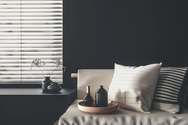 Ein Wohnzimmer mit Wandplatten und natürlichem Licht aus einem Fenster