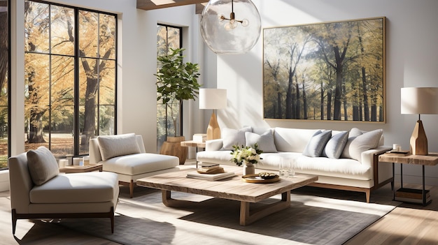 Ein Wohnzimmer mit weißen Möbeln und einem großen Bild von der Decke