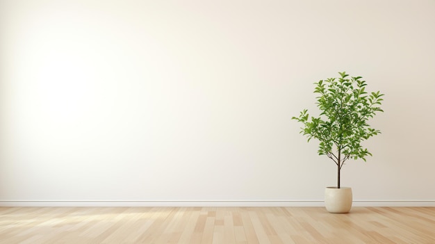ein Wohnzimmer mit weißen Wänden und Hartholzfußboden, einschließlich einer großen grünen Pflanze