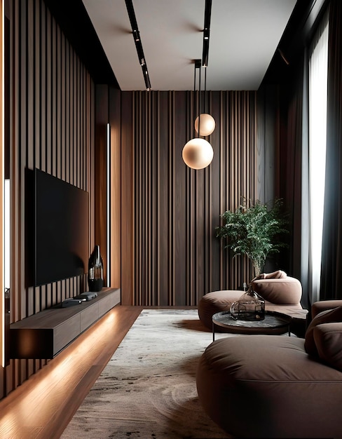 Ein Wohnzimmer voller Möbel und einem Flachbildfernseher, ein 3D-Rendering im trendigen KI-Generativ