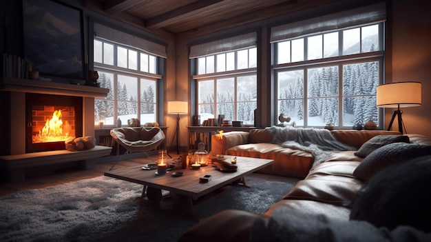 Ein Wohnzimmer voller Möbel und einem Kamin. Generatives AI-Bild Norwegen-Haus