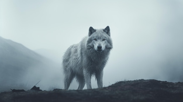 Ein Wolf auf einer Ebene im Nebel