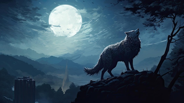 ein Wolf auf einer Klippe mit einem Vollmond im Hintergrund.