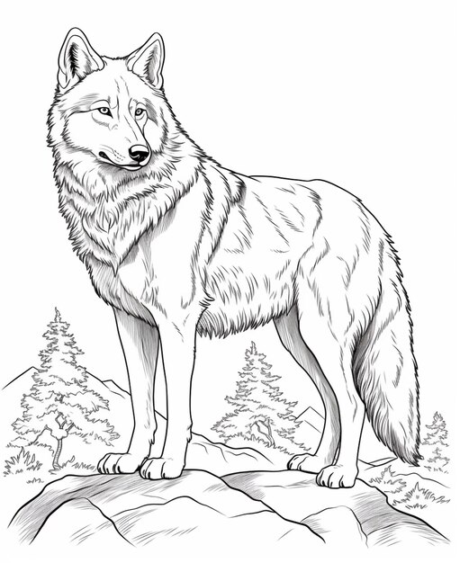 ein Wolf, der auf einem Felsen im Wald steht