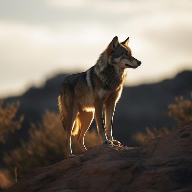 Ein Wolf, der auf einem Felsen mit der Sonne dahinter steht