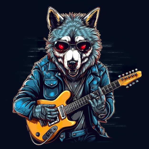 Ein Wolf, der Gitarre spielt und eine Lederjacke trägt. Generative KI-Bildcliparts auf schwarzem Hintergrund