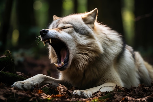 ein Wolf, der mit offenem Maul im Wald gähnt