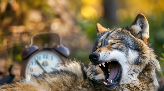 Ein Wolf gähnt mit geschlossenen Augen, im Hintergrund ist ein Wecker, der Wolf ist im Vordergrund und ist nicht fokussiert.