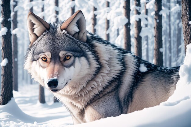 Ein Wolf im Schnee mit Schnee auf dem Boden