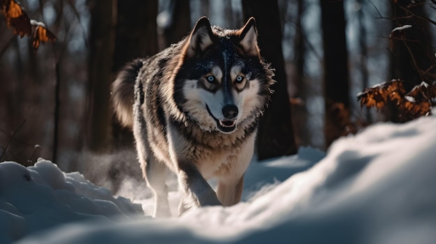 Ein Wolf läuft durch den Schnee