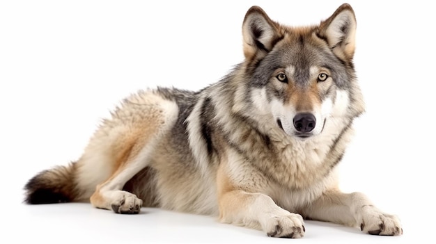 Ein Wolf legt sich auf einen weißen Hintergrund