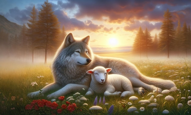 Ein Wolf liegt friedlich mit einem Lamm auf einer Wiese auf dem Gras bei Sonnenuntergang