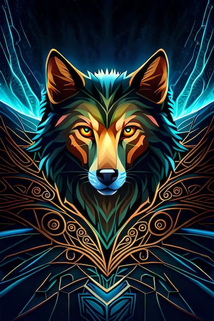 Ein Wolf mit blauem Hintergrund und schwarzem Hintergrund.