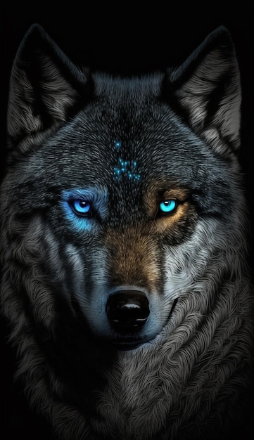 Ein Wolf mit blauen Augen und einem blauen Licht im Gesicht