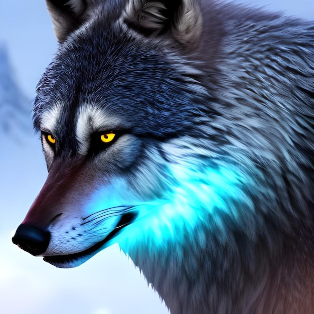 Ein Wolf mit blauen Augen und einem blauen Schimmer im Gesicht