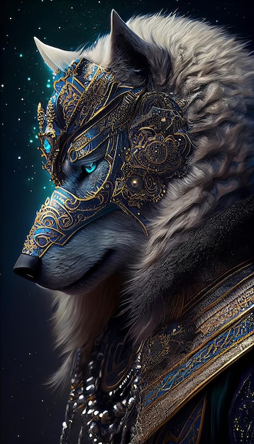 Ein Wolf mit blauen Augen und einer goldenen Maske