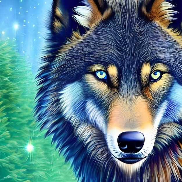 Ein Wolf mit blauen Augen und grünem Hintergrund