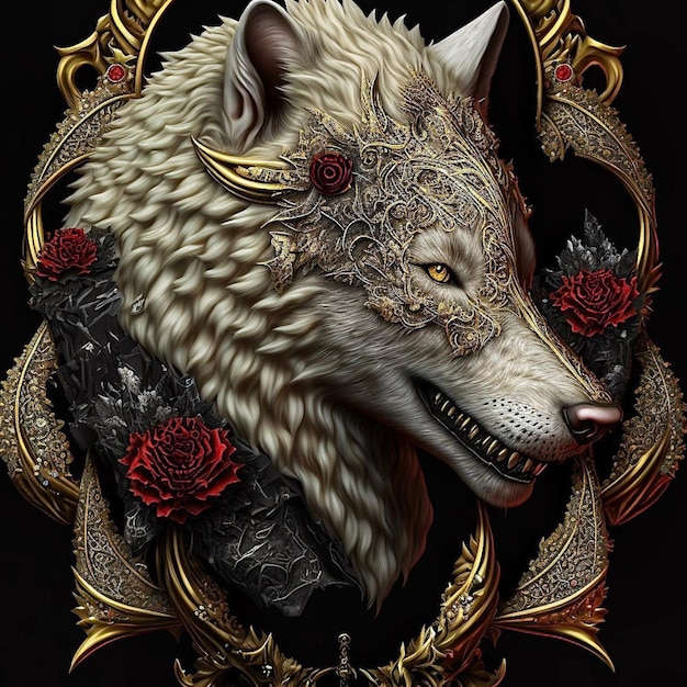 Ein Wolf mit Blumenrahmen und Rosen darauf