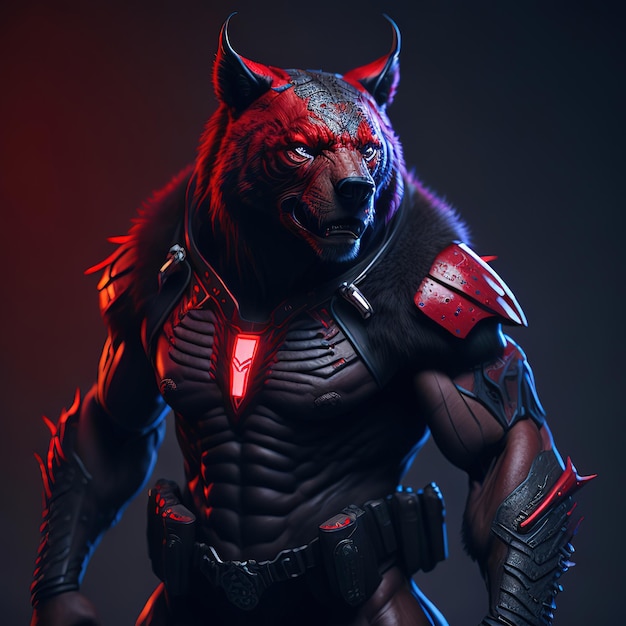 Ein Wolf mit einem roten Licht auf der Brust steht in einem dunklen Raum.