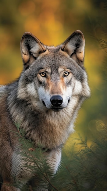 Ein Wolf mit gelbem Hintergrund und grünem Hintergrund.
