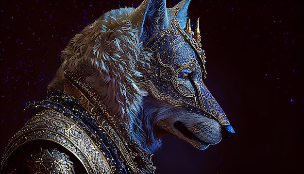 Ein Wolf mit goldener Maske und blauem Hintergrund