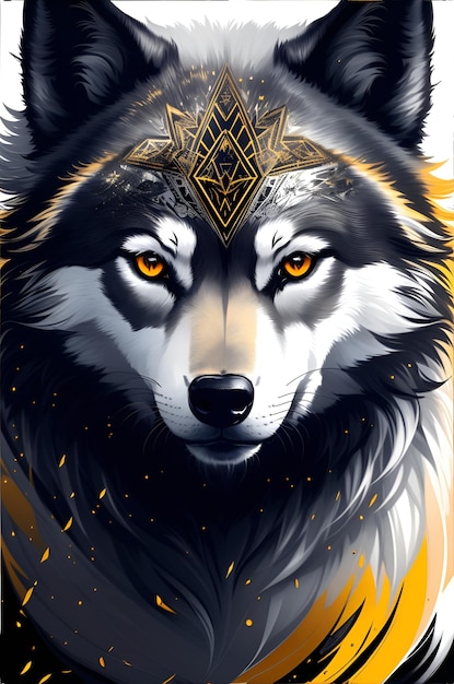 Ein Wolf mit Krone und goldenen Augen