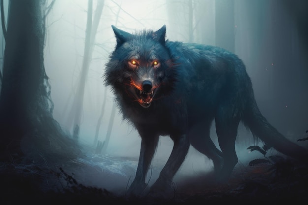 Ein Wolf mit leuchtenden Augen, der durch einen Wald geht Generative KI-Bild