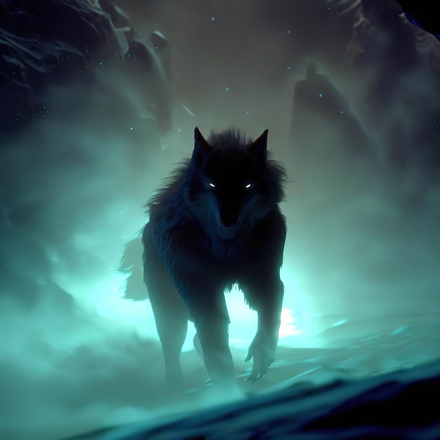 Ein Wolf mit leuchtenden Augen steht vor einem Berg.