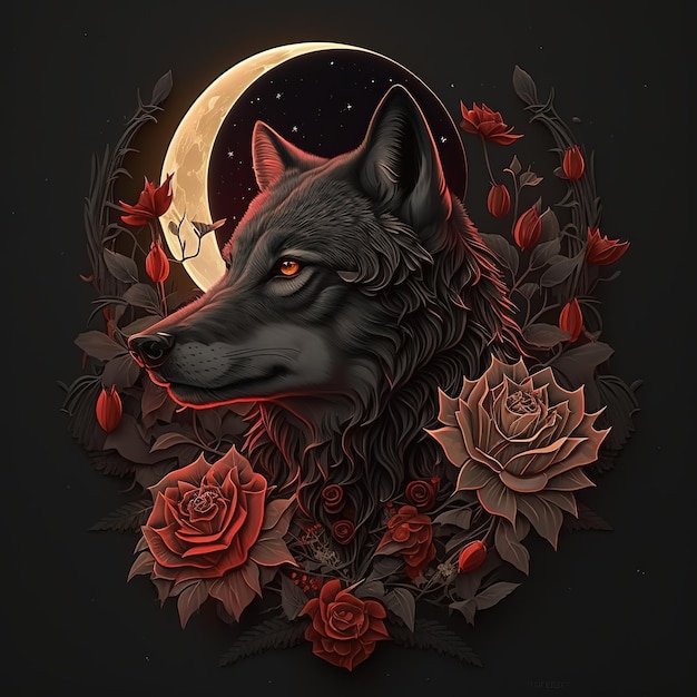 Ein Wolf mit Rosen im Hintergrund ist von Rosen umgeben.