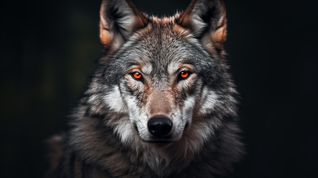 Ein Wolf mit roten Augen tappt im Dunkeln