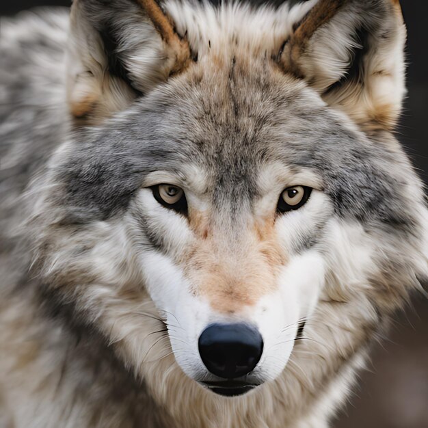 ein Wolf mit schwarzer Nase und einem weißen Gesicht und einer schwarzen Nase