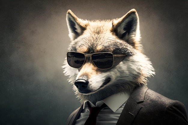 Ein Wolf mit Sonnenbrille und Anzug