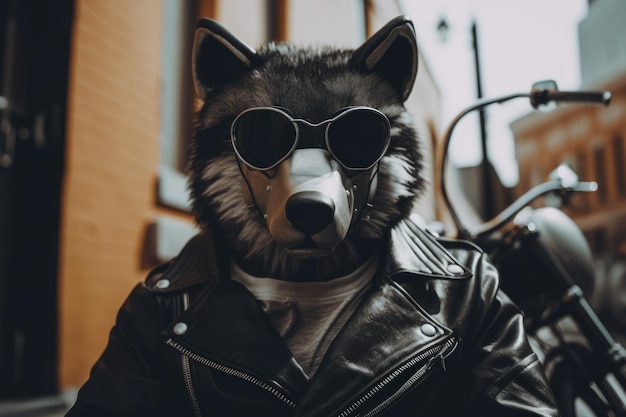 Ein Wolf mit Sonnenbrille und Lederjacke. Generatives KI-Bild