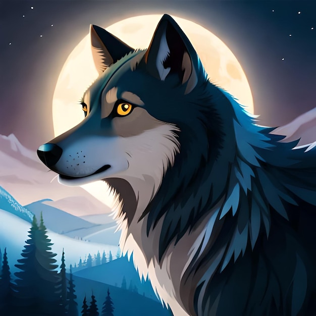 Ein Wolf mit Vollmond im Hintergrund